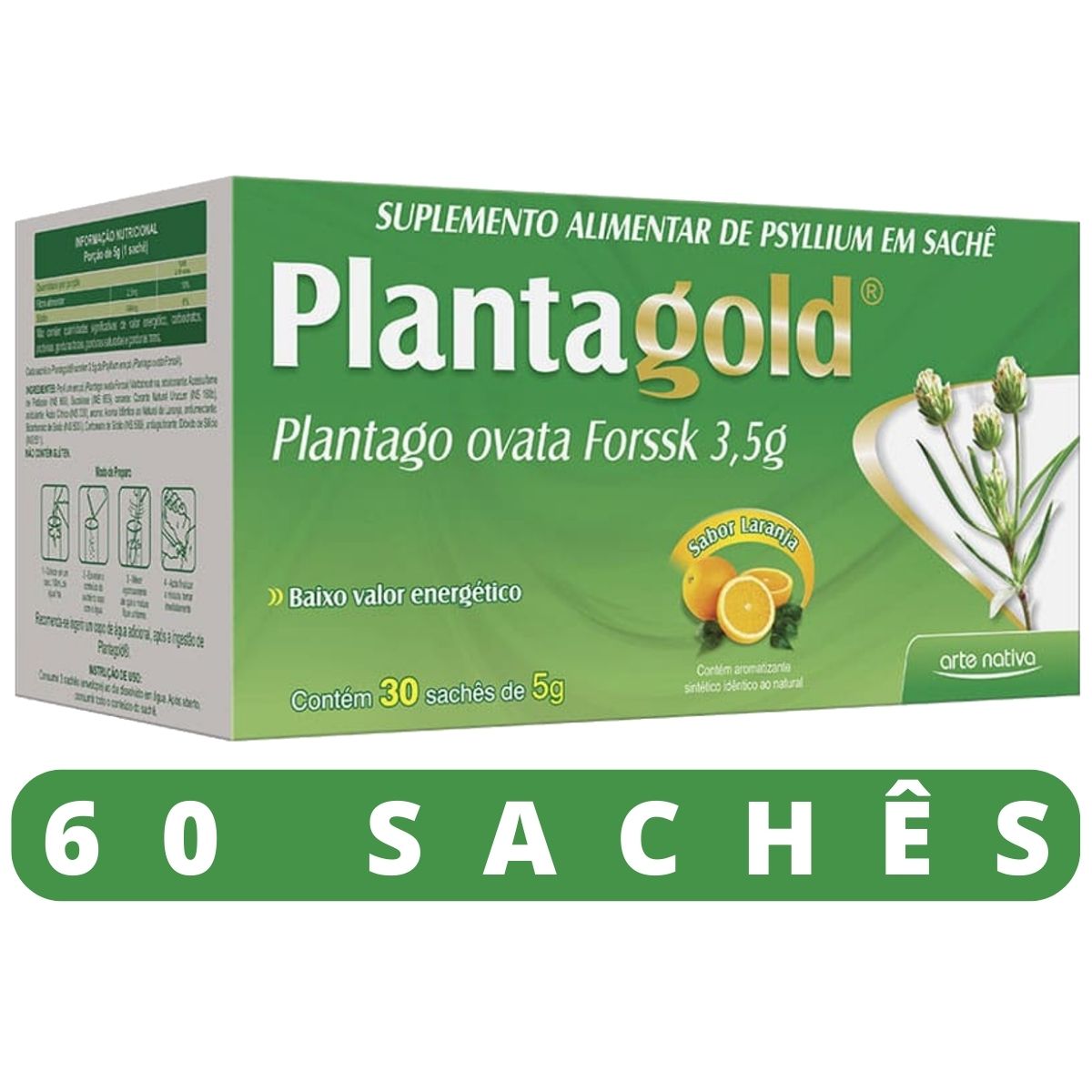 Kit 2 Planta Gold Psyllium Plantago Ovata, Suplemento, Regula Intestino, 30 sachês cada – Arte Nativa