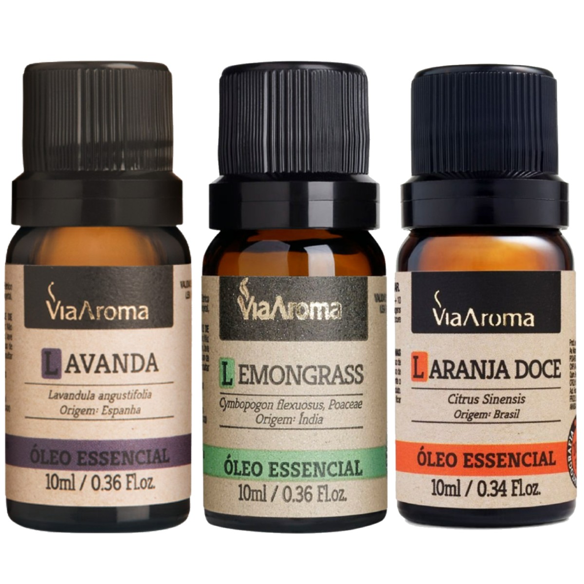 Kit 3 Óleo Essencial Lavanda, Lemongrass (Capim Limão), Laranja Doce Puro – Via Aroma