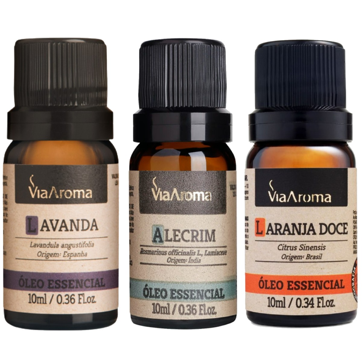 Kit 3 Óleo Essencial, Lavanda, Alecrim e Laranja Doce 100% Puro – Via Aroma