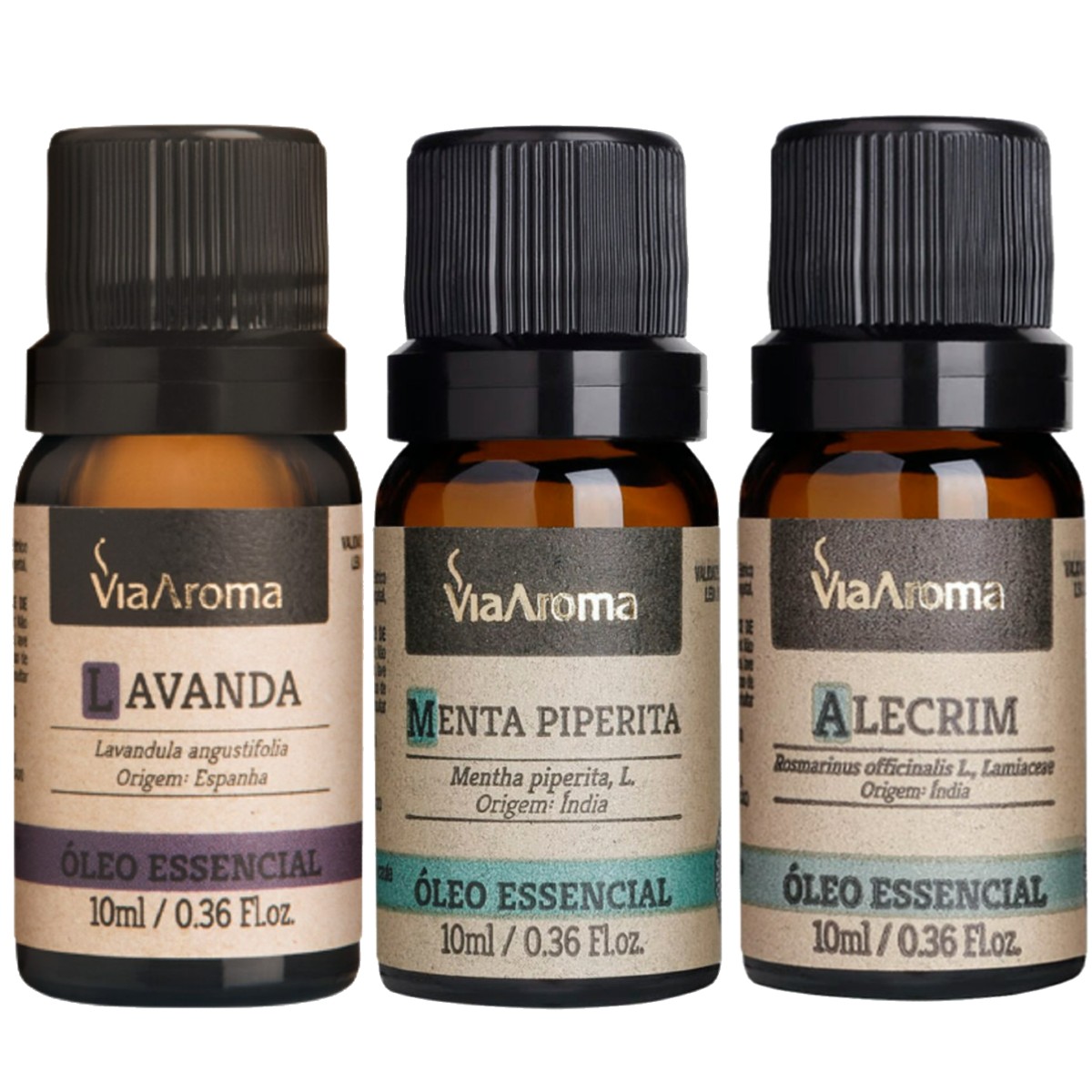 Kit Óleos Essencias Lavanda, Menta Piperita (Hortelã Pimenta) e Alecrim – Via Aroma