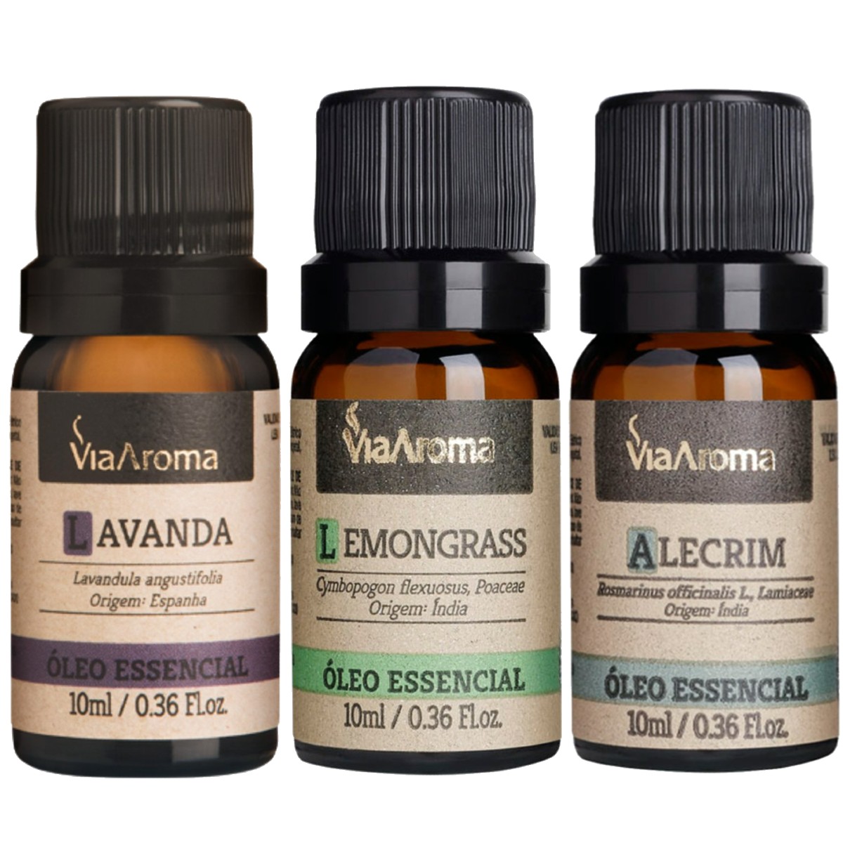 Kit 3 Óleo Essencial Lavanda, Lemongrass (Capim Limão) e Alecrim – Via Aroma