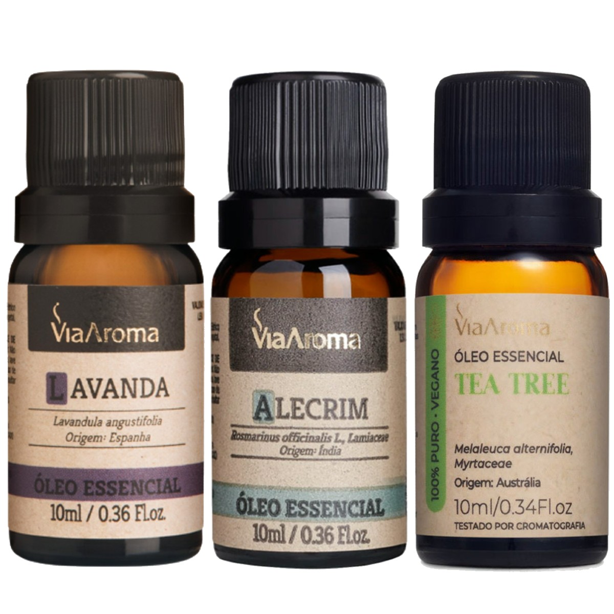 Kit 3 Oleos Essenciais Lavanda, Tea Tree (Melaleuca) e Alecrim 100% Puro – Via Aroma