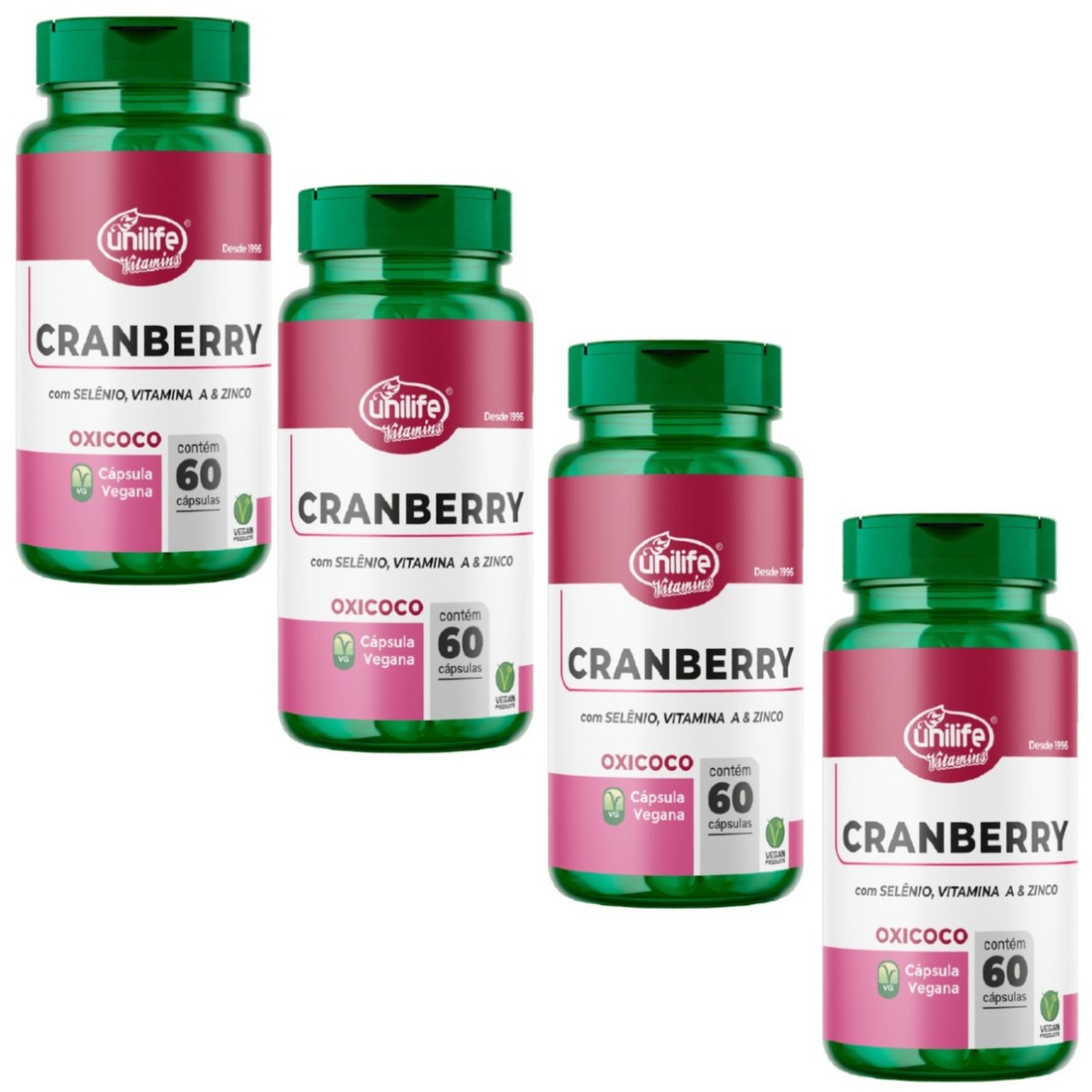 Kit 4 Cranberry 500mg 240 Capsulas – Unilife – Com Selênio Vitamina A E Zinco