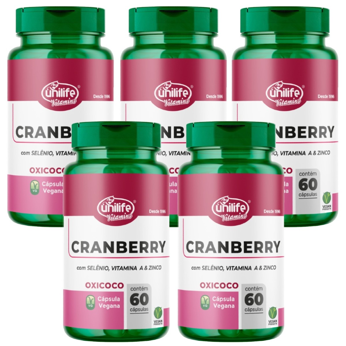 Kit 5 Cranberry 500mg 300 Capsulas – Unilife – Com Selênio Vitamina A E Zinco