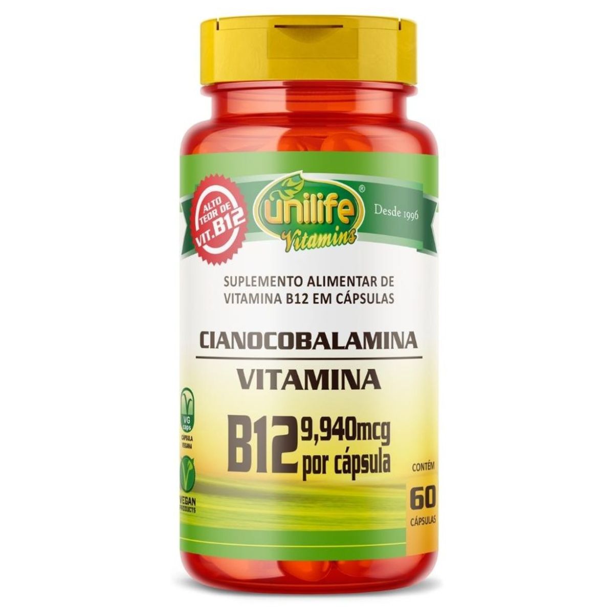 Vitamina B12 Cianocobalamina 60 Cápsulas 450mg Vegano Unilife