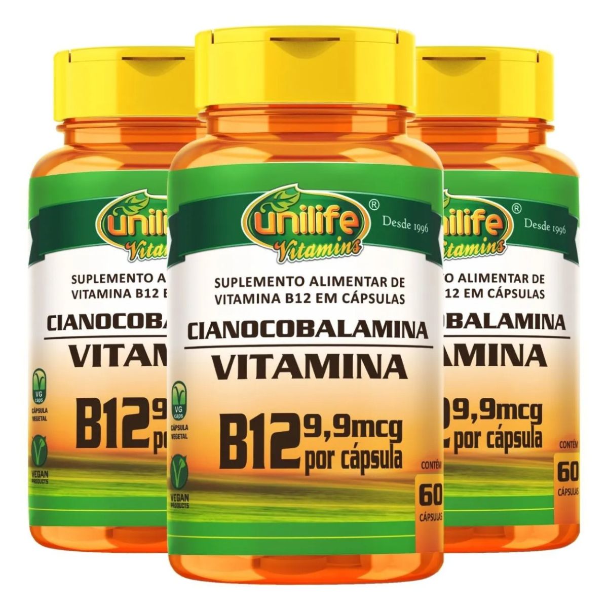 Kit 3 Vitamina B12 Cianocobalamina, total de 180 Cápsulas 450mg Vegano – Unilife