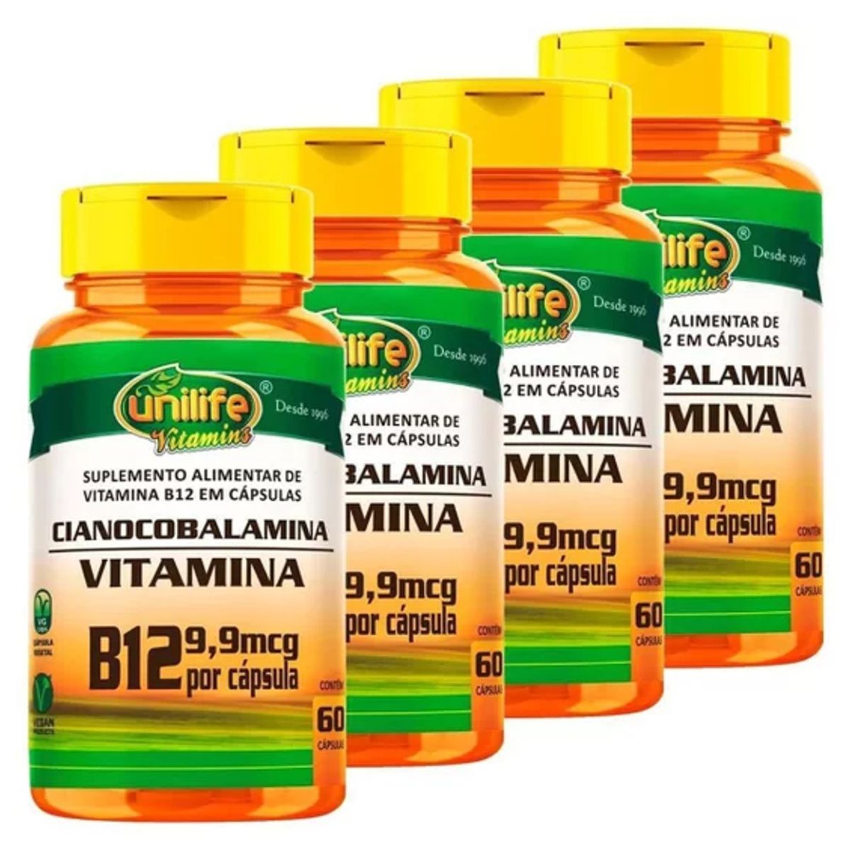 Kit 4 Vitamina B12 Cianocobalamina, total de 240 Cápsulas 450mg Vegano – Unilife