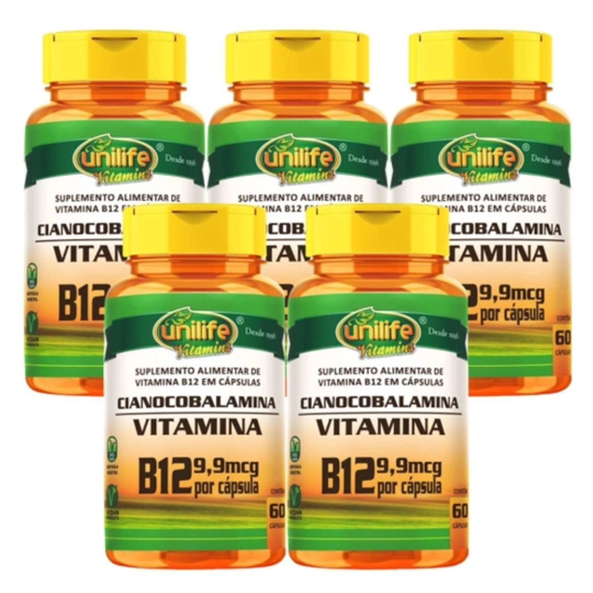 Kit 5 Vitamina B12 Cianocobalamina, total de 300 Cápsulas 450mg Vegano – Unilife